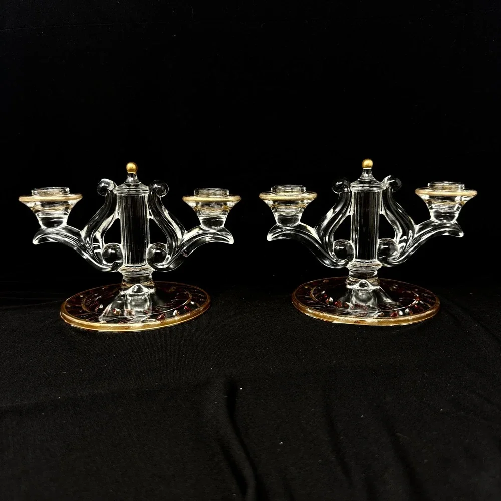 Indiana Glass Laurel‎ Double Arm Candle Holder Set 2 Gold Red Trim Accent 40s